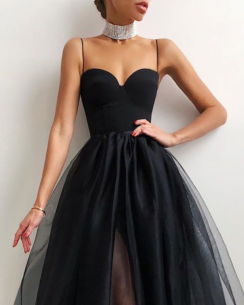 Spaghetti Strap Sheer Mesh Evening Dress