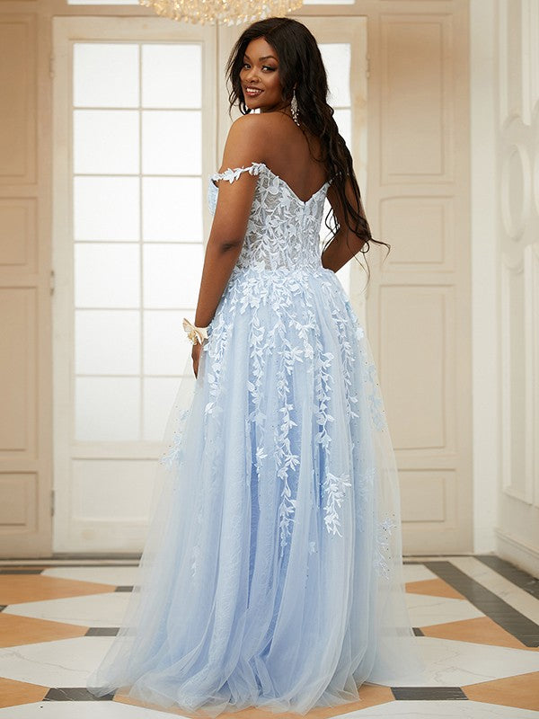 Appliqued Light Blue Off-Shoulder Long Evening Dress