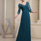 Teal Applique Beaded Long Sleeves Bridesmaid Dress