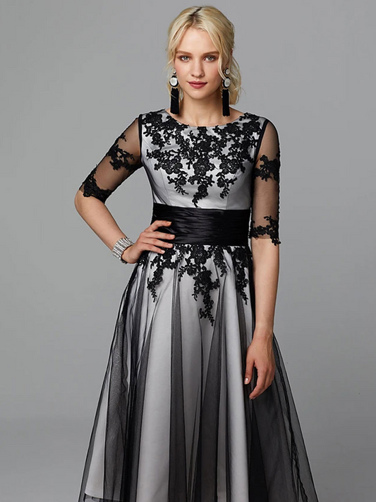 Black Embroidered Jewel Neck Long Sleeves Bridesmaid Dress