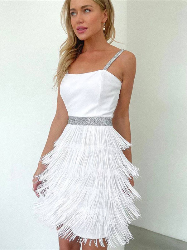 Sleeveless Fringe Detailed Short Prom Dress