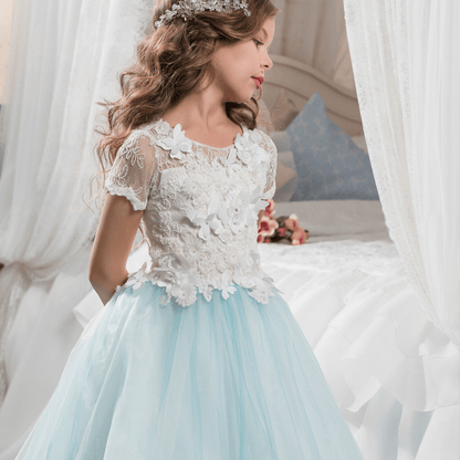 Alice Blue Butterfly Appliqued Short Sleeves Kids Wedding Dress