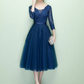 Navy Lace Applique V Neck Long Sleeves Prom Dress