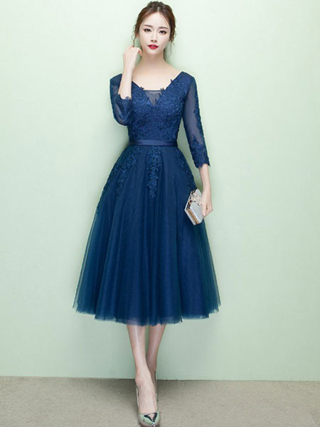 Navy Lace Applique V Neck Long Sleeves Prom Dress