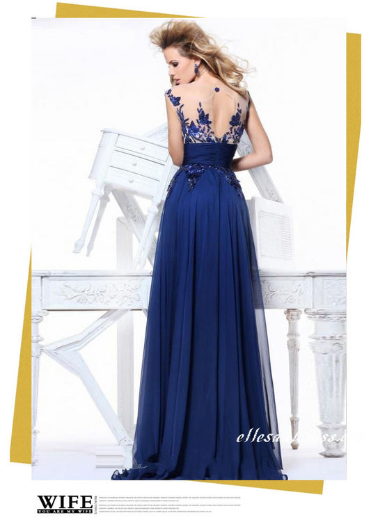 Blue Embroidered Sleeveless Backless Evening Dress