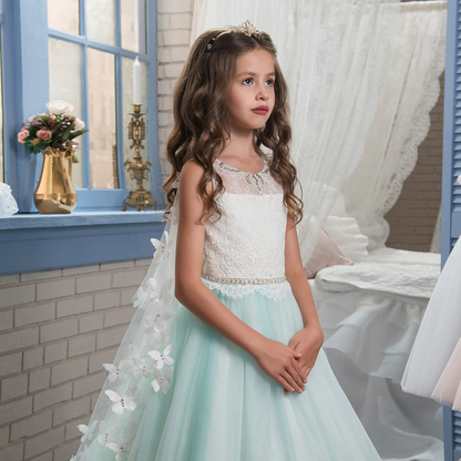 Light Cyan Mesh Sleeveless Kids Fairy Wedding Dress