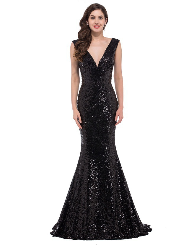 Sequin Deep V Neck Sleeveless Mermaid Evening Dress