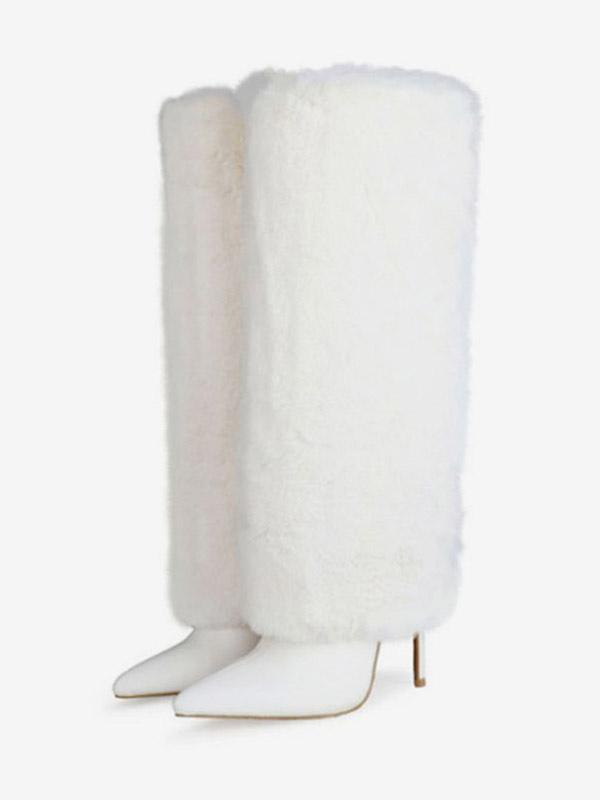 Plush Fuzzy Stiletto Heel Knee-High Boots