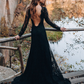 Black Lace Backless Long Sleeves Brush Train Wedding Dress