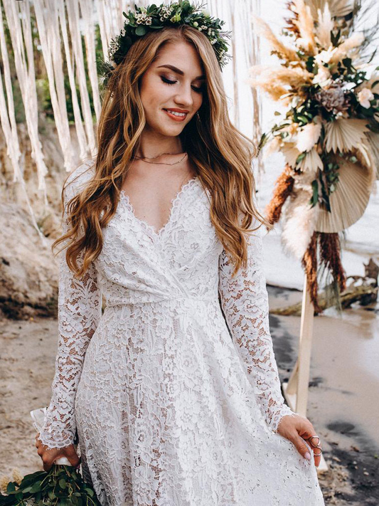 Ivory Lace Deep V Neck Long Sleeves Brush Train Wedding Dress