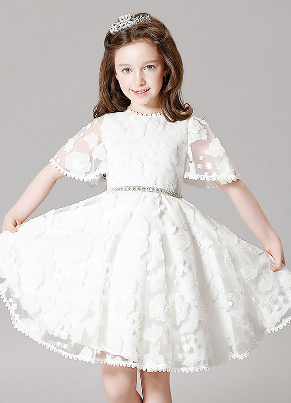 White Lace Bell Short Sleeves Short Kids Party Dress