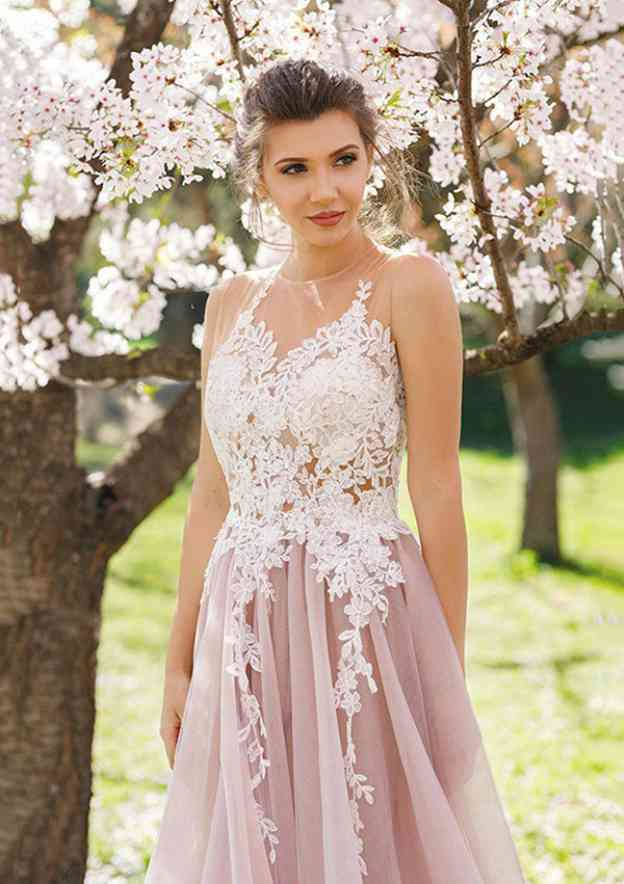 Peach Puff Appliqued Sleeveless Long Prom Dress