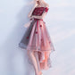 Light Pink Off The Shoulder Lace Applique Tulle High Low Prom Dress