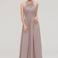 Tan Hanging Neck Sleeveless Maxi Bridesmaid Dress