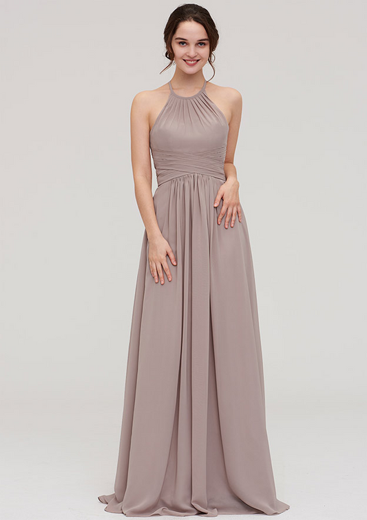 Tan Hanging Neck Sleeveless Maxi Bridesmaid Dress