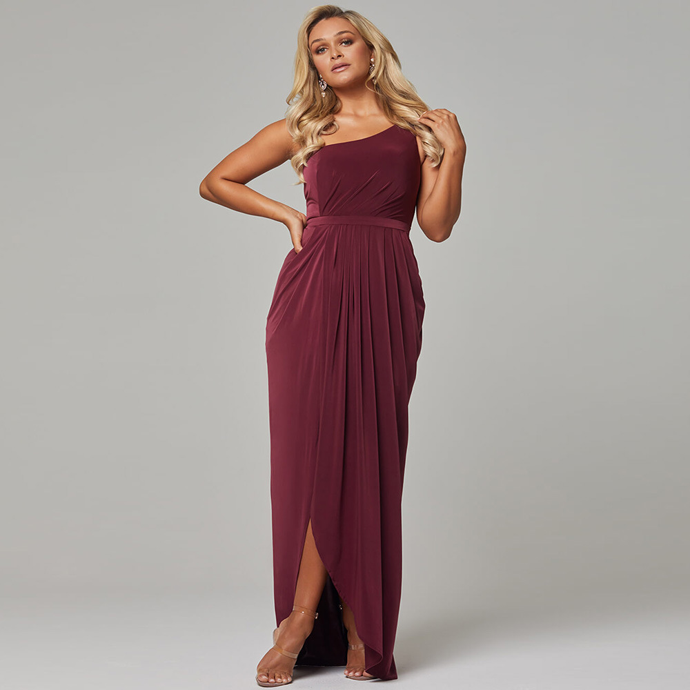 One Shoulder Sleeveless Pleated Long Evening Dress