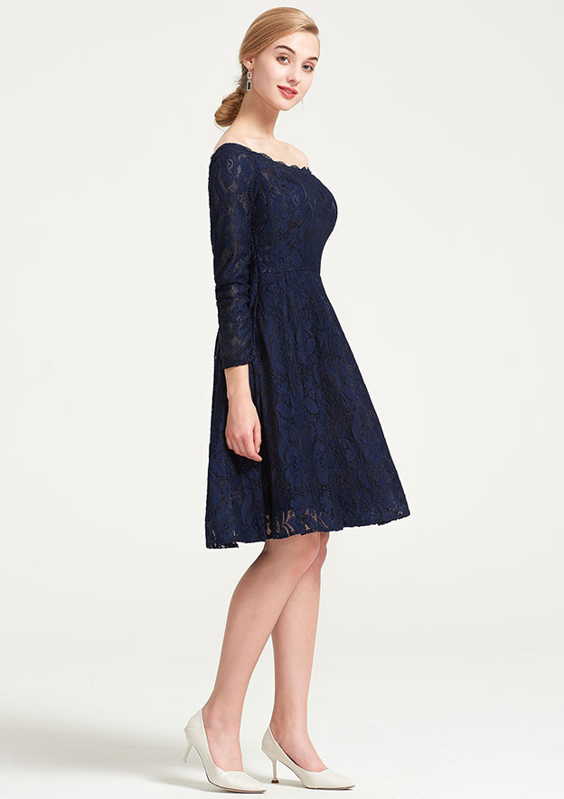 Navy Lace Off-Shoulder Long Sleeves Short Bridesmaid Dress