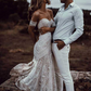 Ivory Lace Off-Shoulder Brush Train Long Wedding Dress