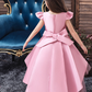 Pink Applique Beaded Short Sleeves Tail Kids Party Dress