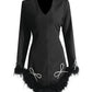 Black V-Neck Long Sleeved Fur Detailing Party Dress