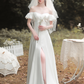 White Satin Off-Shoulder Long Slit Wedding Dress