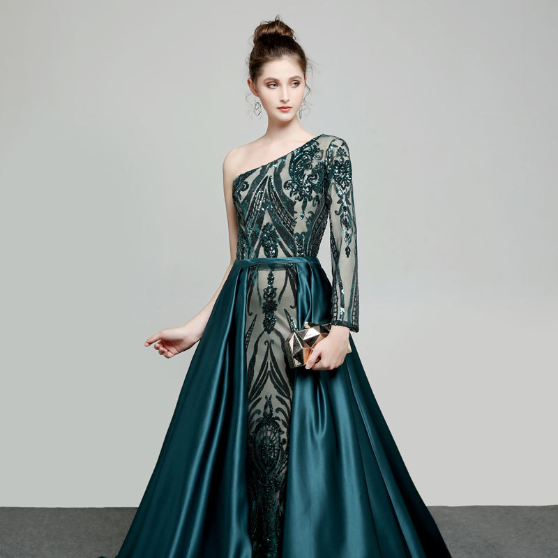 Green Oblique Shoulder Fishtail Evening Dress