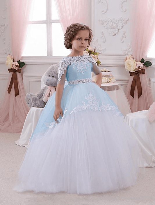 Alice Blue Lace Embroidered Full Sleeves Kids Wedding Dress