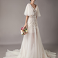 Ivory Lace Deep V Neck Short Butterfly Sleeves Wedding Dress