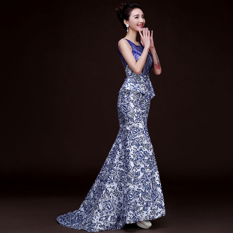 Blue Printed Backless Fishtail Long Evening Dress