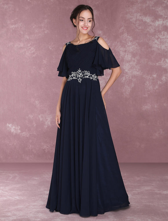 Navy Chiffon Beading Cold Shoulder Pleated Bridesmaid Dress