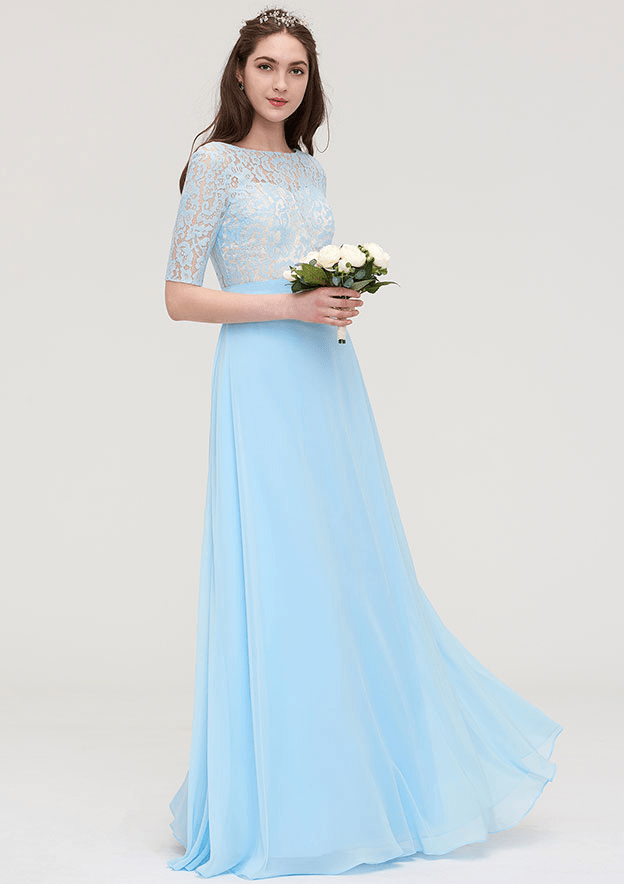 A-Line Sky Blue Lace Half Sleeves Maxi Bridesmaid Dress