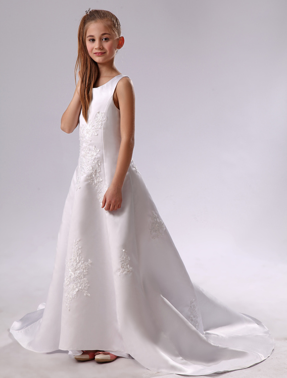 White Satin Applique Sleeveless Long Kids Wedding Dress