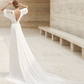 White V Neck Backless Half Sleeves Brush Train Wedding Dress