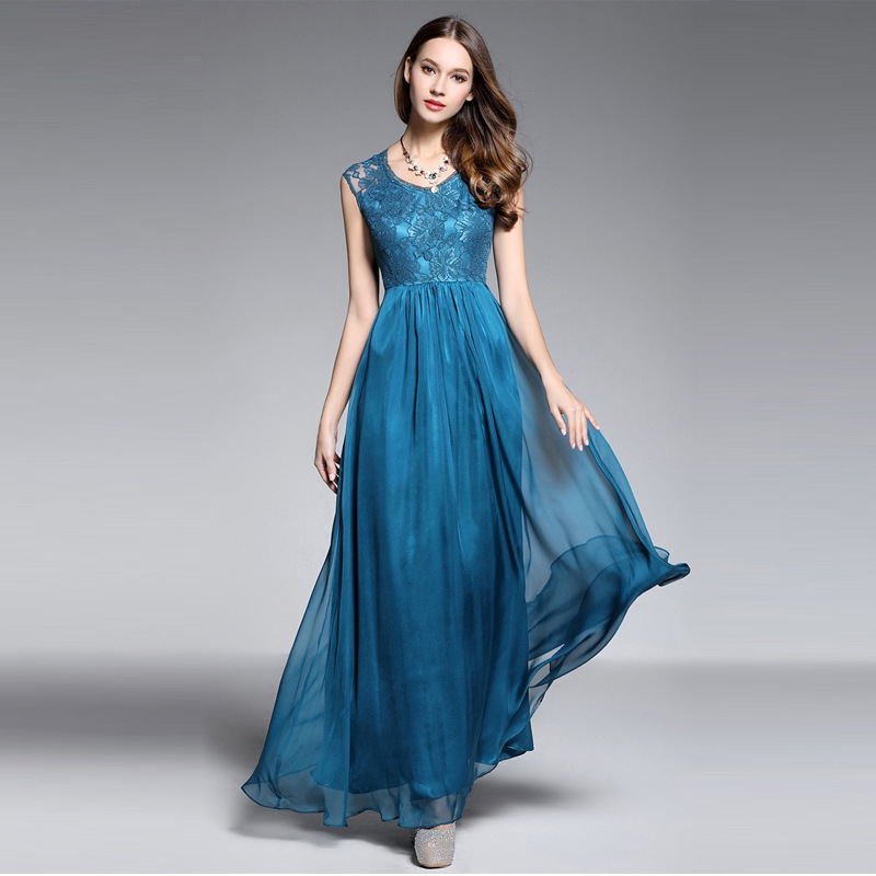 Deep Sky Blue Lace Embroidered Chiffon Sleeveless Bridesmaid Dress