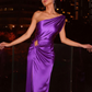 Satin Oblique Shoulder High Slit Long Prom Dress