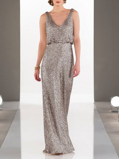 Sequin V Neck Sleeveless Backless Bridesmaid Dress