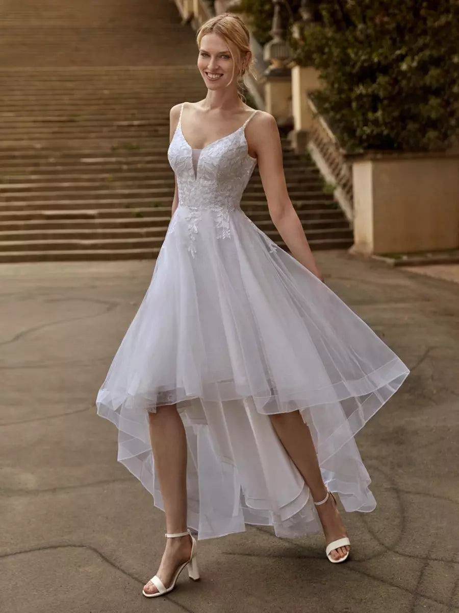 V-Neck Short Sleeves A-Line Knee-Length Bridal Dress