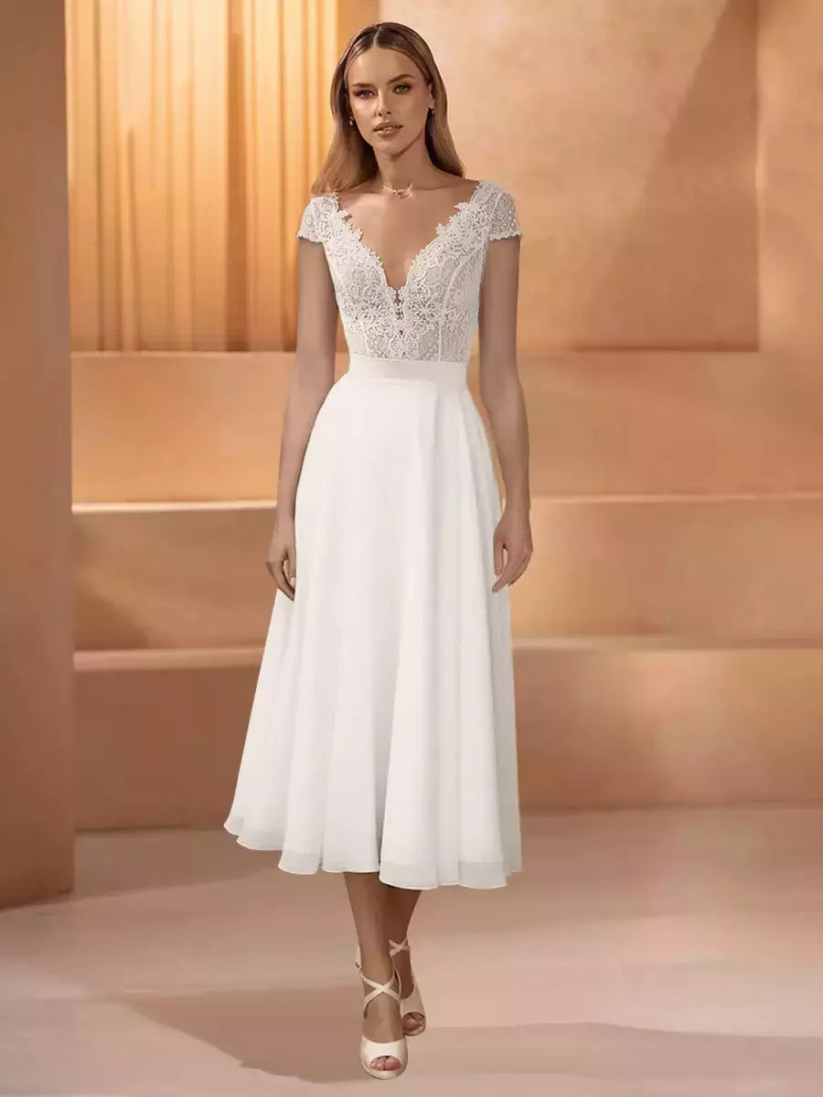 Jewel Neck Short Sleeves Short Tea-Length Wedding Dress