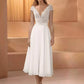 Jewel Neck Short Sleeves Short Tea-Length Wedding Dress