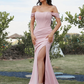 Satin Off-Shoulder Sleeveless Thigh High Split Bridesmaid Dress