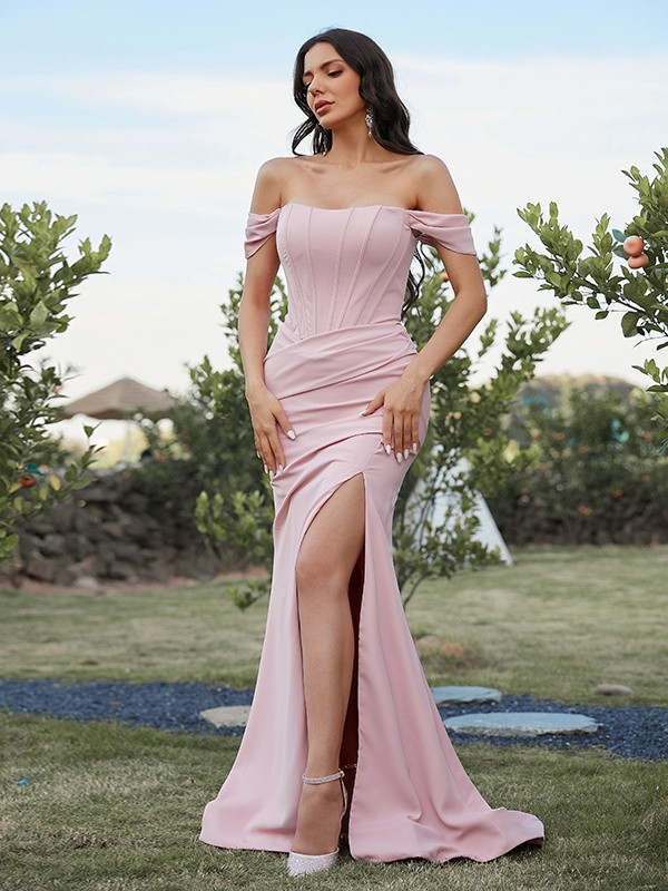 Satin Off-Shoulder Sleeveless Thigh High Split Bridesmaid Dress