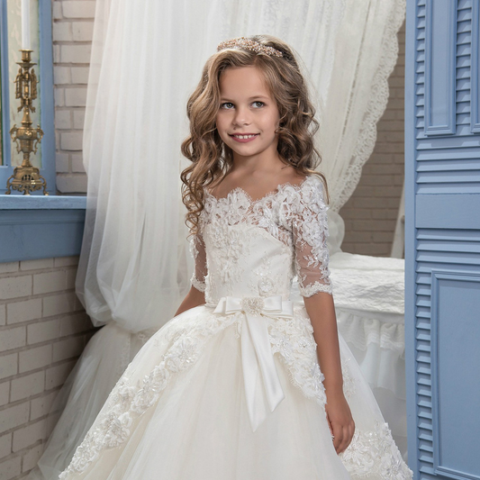 White Floral Lace Long Sleeves Kids Wedding Dress