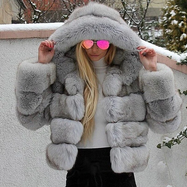 Silver Luxury Bubble Faux Fur Hooded Coat