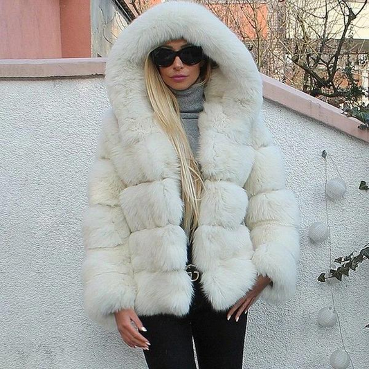 White Luxury Bubble Faux Fur Hooded Coat