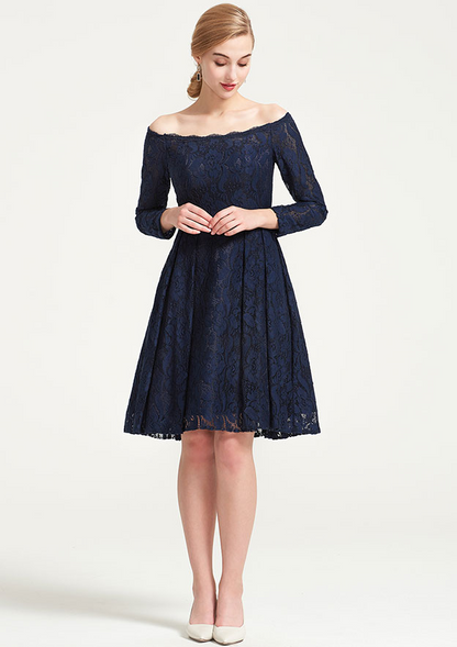 Navy Lace Off-Shoulder Long Sleeves Short Bridesmaid Dress