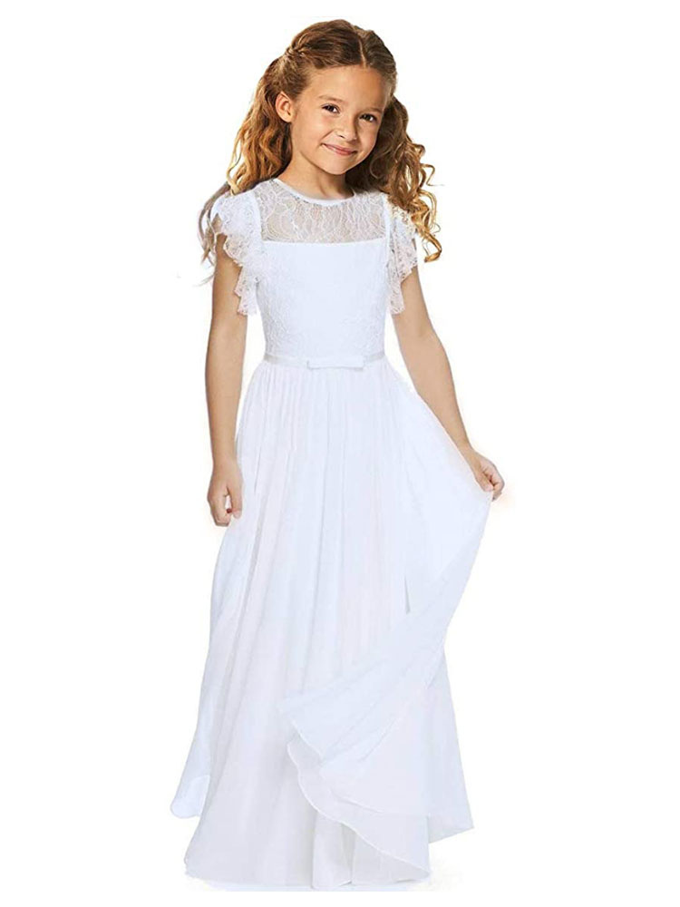 Jewel Neck Short Sleeves Pleated Kids Party Dress