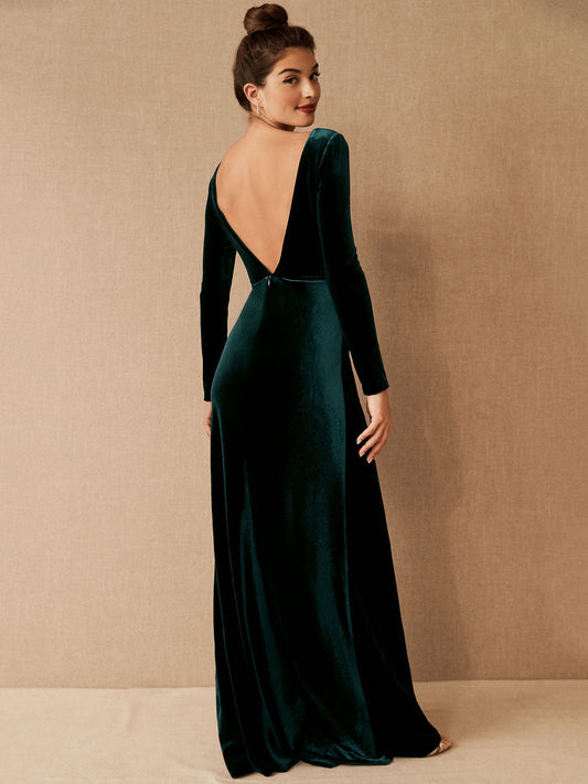 V-Neck Long Sleeve Velour Floor-Length Formal Evening Dress