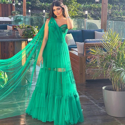 Green Oblique Shoulder Long Ruffle Prom Dress