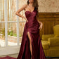 Dark Red Satin Sequin One-Shoulder Sleeveless Split Evening Dress