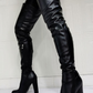 Black PU Leather Sky-High Chunky Heel Thigh-High Boots